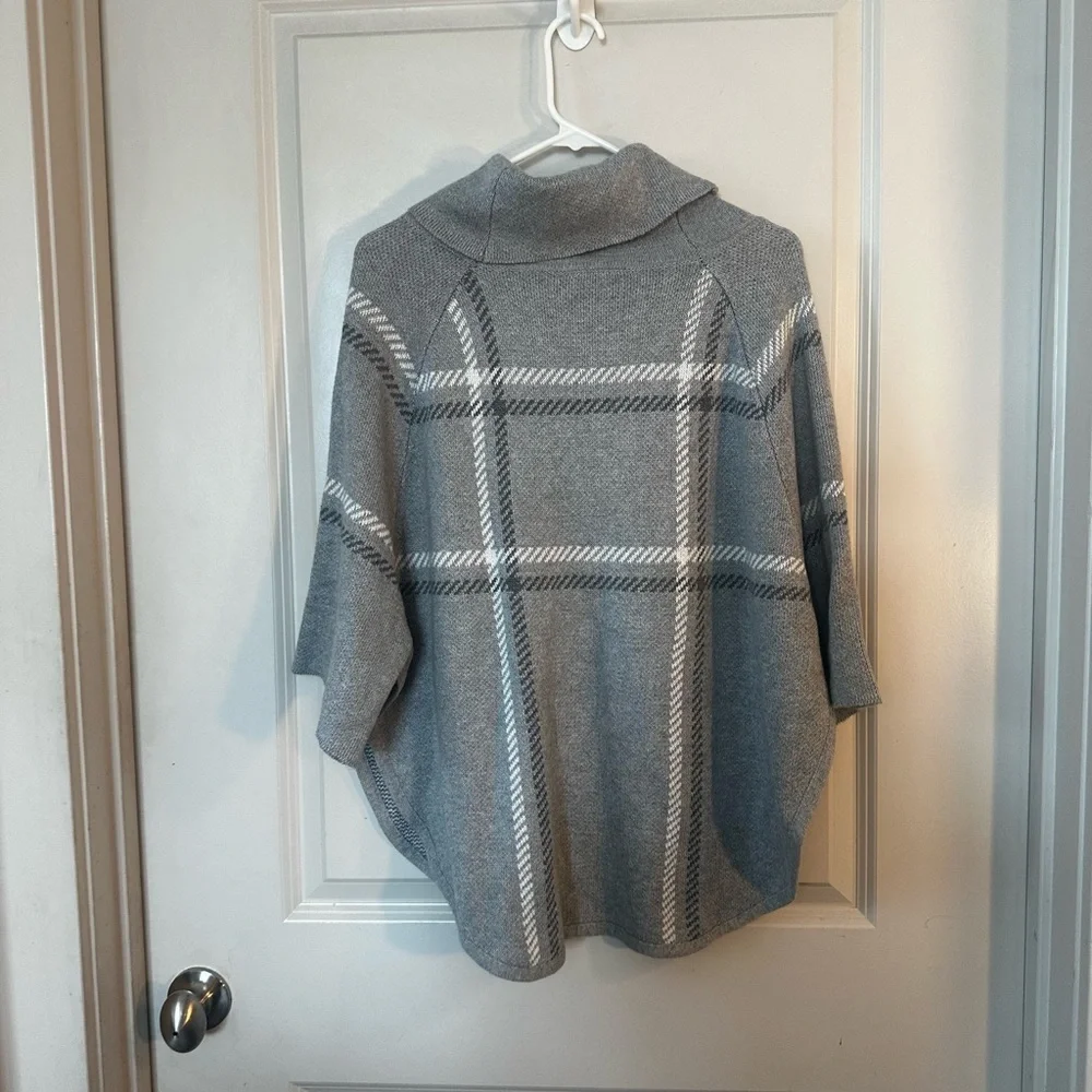 NEW Loft Grey Cotton Blend Plaid 3/4 Sleeve Cape Poncho Cowl Neck Sweater, XS/S